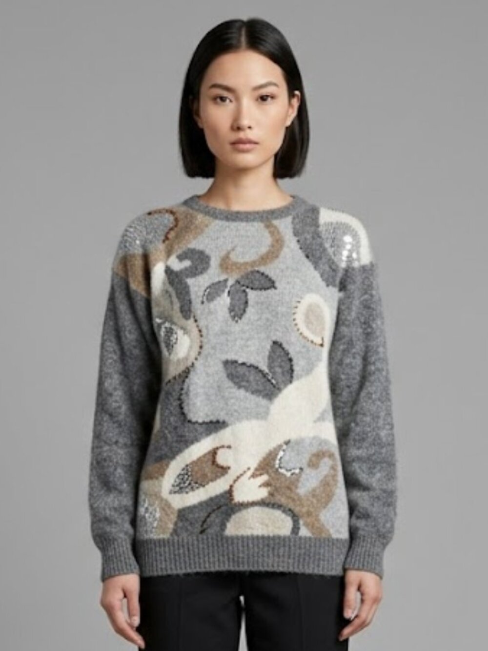 M Vintage 80s SEGUE Gray Silk Angora Abstract Sequin SOFT Knit Sweater 1980s